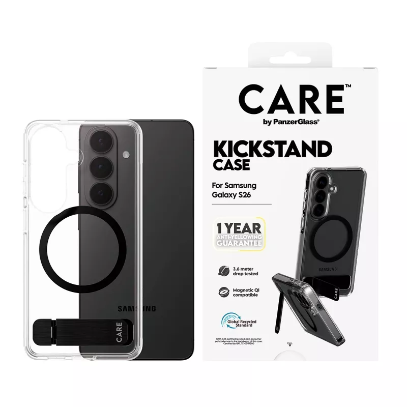Capa protetora PanzerGlass CARE™ Urban Explorer Case para Samsung Galaxy S26, transparente com suporte preto e suporte Qi