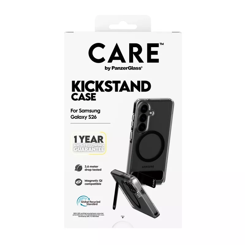 Capa protetora PanzerGlass CARE™ Urban Explorer Case para Samsung Galaxy S26, transparente com suporte preto e suporte Qi