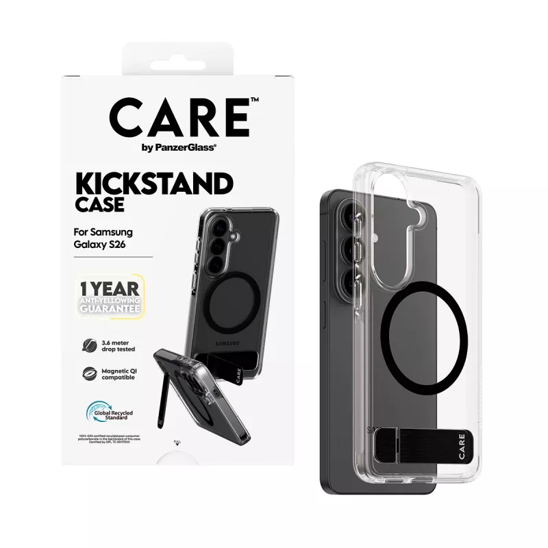 Capa protetora PanzerGlass CARE™ Urban Explorer Case para Samsung Galaxy S26, transparente com suporte preto e suporte Qi