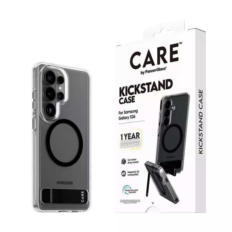 Capa protetora PanzerGlass CARE™ Urban Explorer Case para Samsung Galaxy S26, transparente com suporte preto e suporte Qi