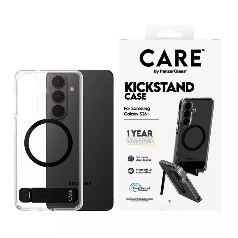 PanzerGlass CARE™ by ® capa transparente com kickstand preto e Qi Samsung Galaxy S26+