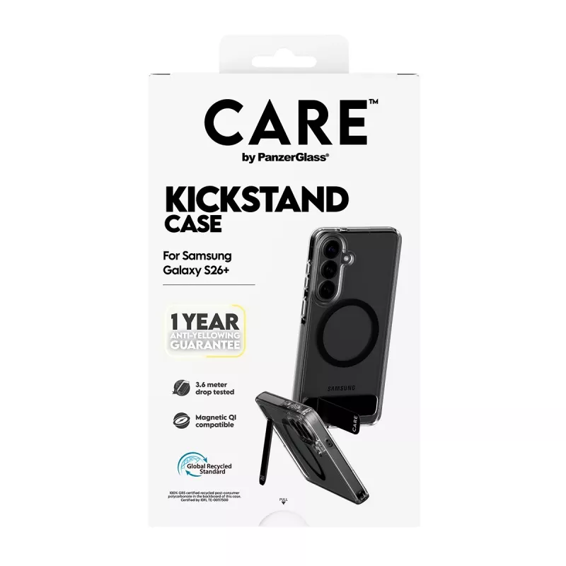 PanzerGlass CARE™ by ® capa transparente com kickstand preto e Qi Samsung Galaxy S26+