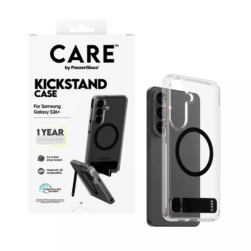 PanzerGlass CARE™ by ® capa transparente com kickstand preto e Qi Samsung Galaxy S26+