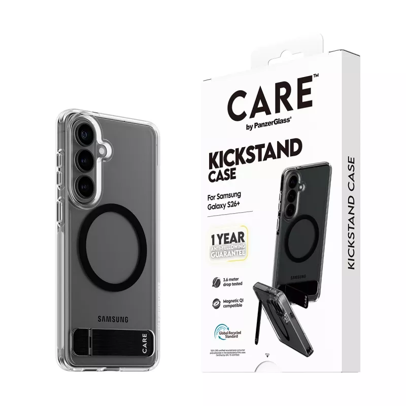 PanzerGlass CARE™ by ® capa transparente com kickstand preto e Qi Samsung Galaxy S26+