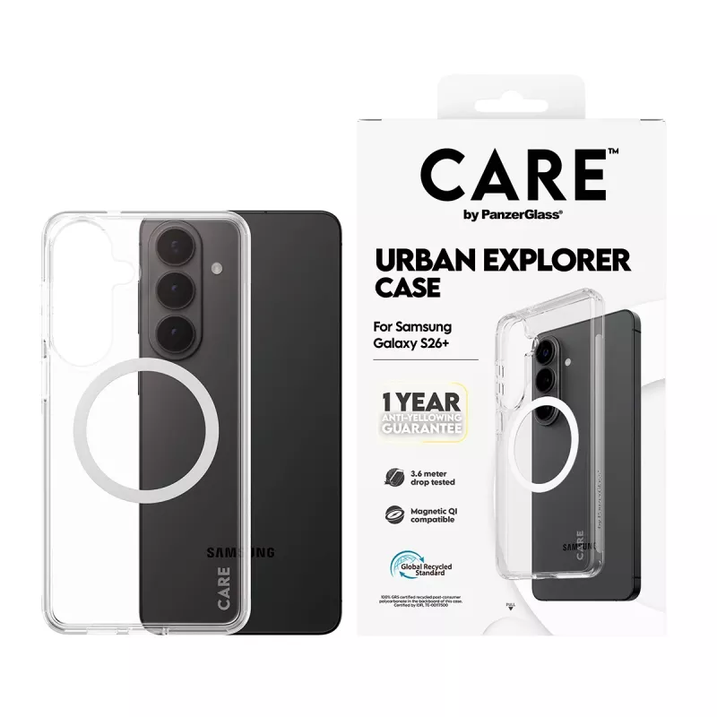 Capa protetora PanzerGlass CARE Urban Explorer Case para Samsung Galaxy S26+ — transparente, branca compatível com Qi