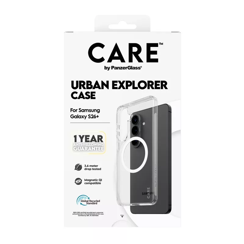 Capa protetora PanzerGlass CARE Urban Explorer Case para Samsung Galaxy S26+ — transparente, branca compatível com Qi