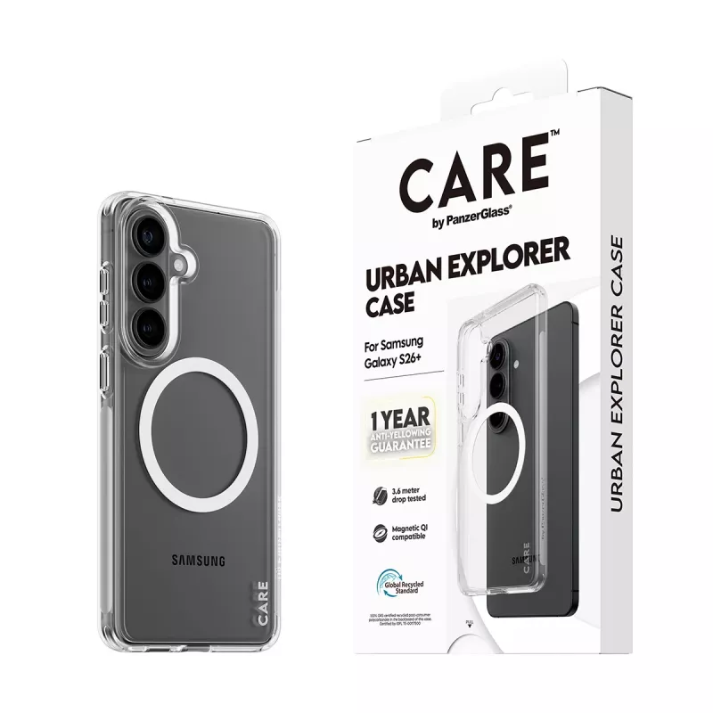 Capa protetora PanzerGlass CARE Urban Explorer Case para Samsung Galaxy S26+ — transparente, branca compatível com Qi