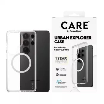 Capa para telemóvel PanzerGlass CARE™ by Urban Explorer — capa transparente com Qi branco para Samsung Galaxy S26 Ultra