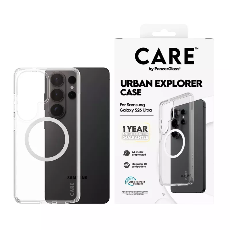 Capa para telemóvel PanzerGlass CARE™ by Urban Explorer — capa transparente com Qi branco para Samsung Galaxy S26 Ultra
