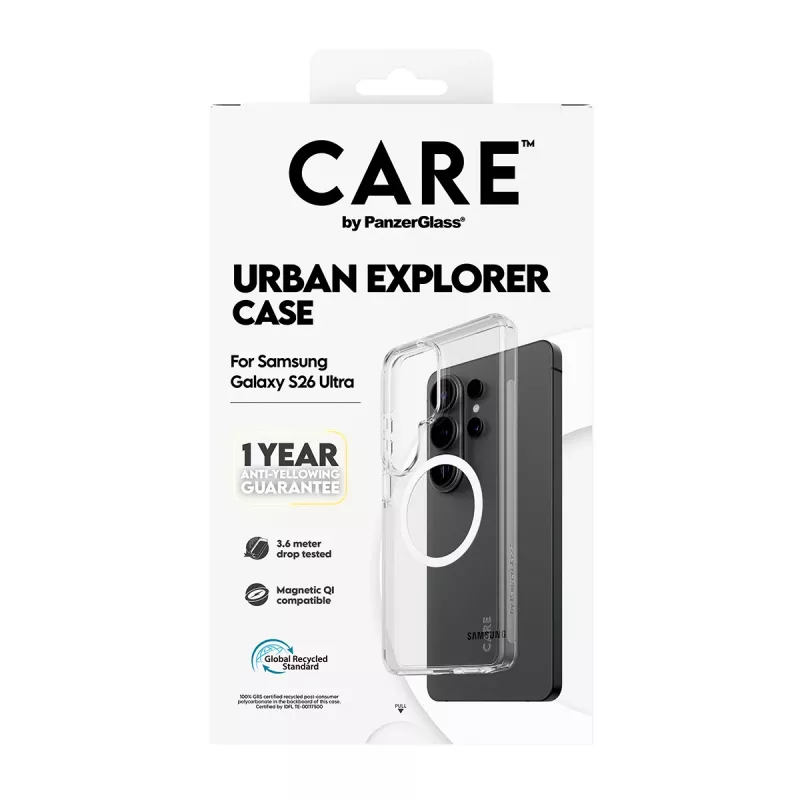 Capa para telemóvel PanzerGlass CARE™ by Urban Explorer — capa transparente com Qi branco para Samsung Galaxy S26 Ultra