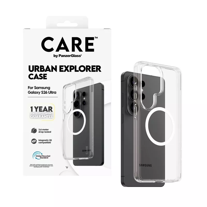 Capa para telemóvel PanzerGlass CARE™ by Urban Explorer — capa transparente com Qi branco para Samsung Galaxy S26 Ultra