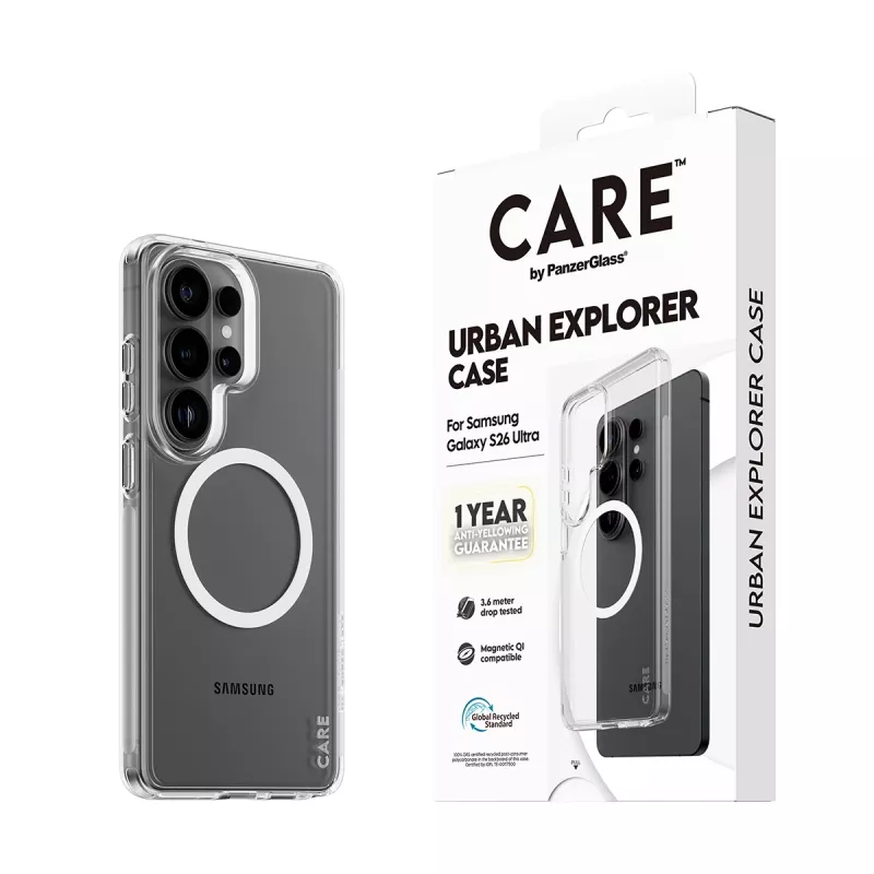 Capa para telemóvel PanzerGlass CARE™ by Urban Explorer — capa transparente com Qi branco para Samsung Galaxy S26 Ultra