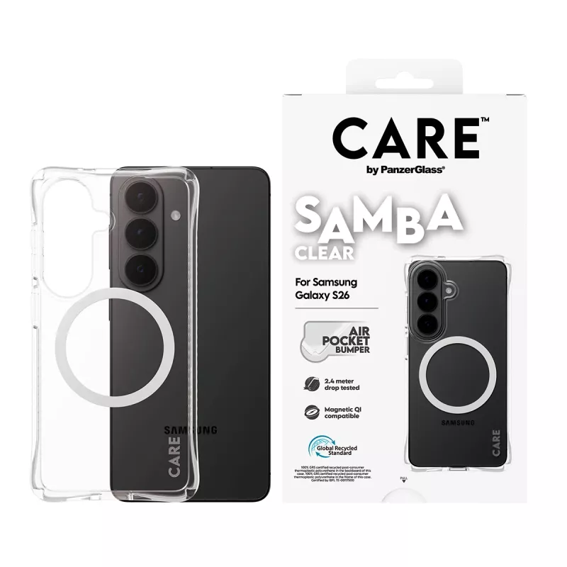 Capa de proteção PanzerGlass CARE Samba transparente com Qi branco para Samsung Galaxy S26
