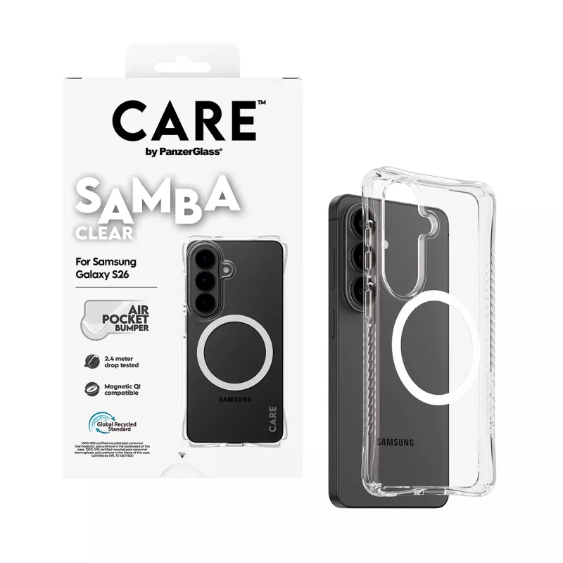 Capa de proteção PanzerGlass CARE Samba transparente com Qi branco para Samsung Galaxy S26