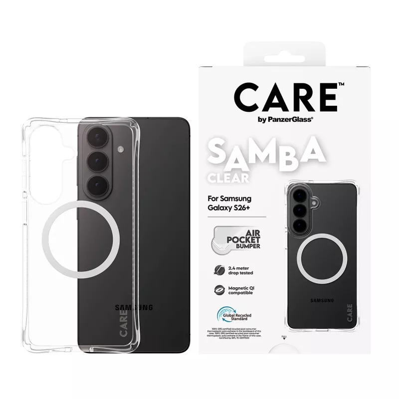 Capa PanzerGlass CARE™ by ® Samba transparente c. Qi branco Samsung Galaxy S26+
