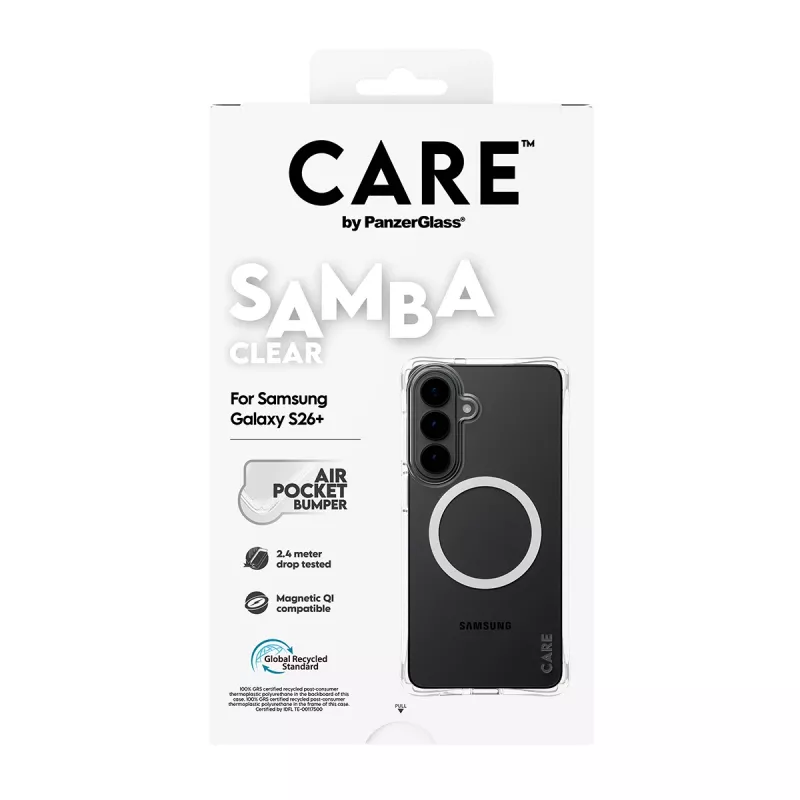 Capa PanzerGlass CARE™ by ® Samba transparente c. Qi branco Samsung Galaxy S26+