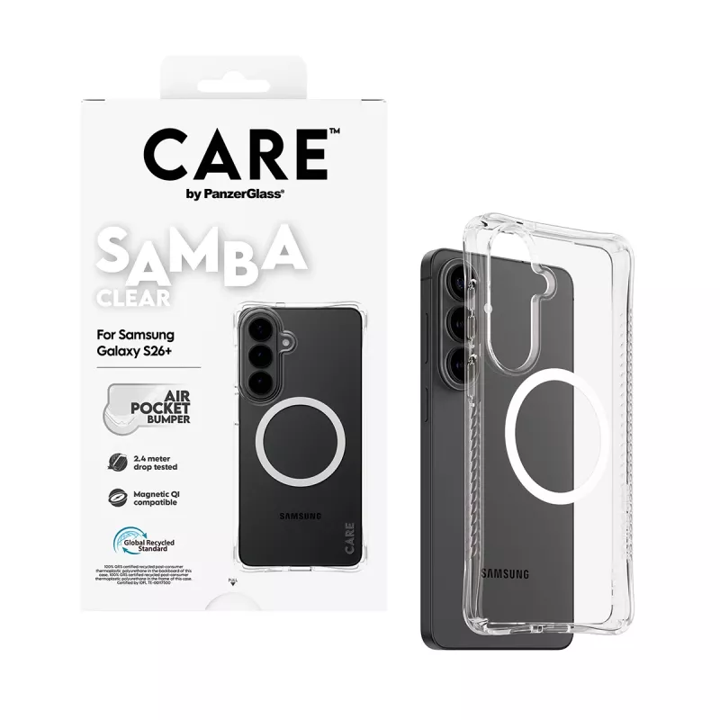 Capa PanzerGlass CARE™ by ® Samba transparente c. Qi branco Samsung Galaxy S26+