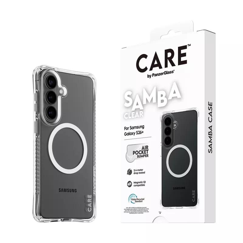 Capa PanzerGlass CARE™ by ® Samba transparente c. Qi branco Samsung Galaxy S26+