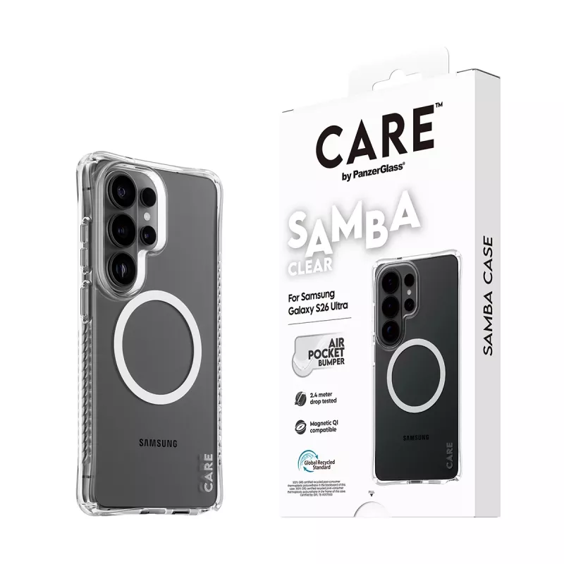 Capa PanzerGlass CARE™ by ® Samba transparente c. Qi branco Samsung Galaxy S26 Ultra
