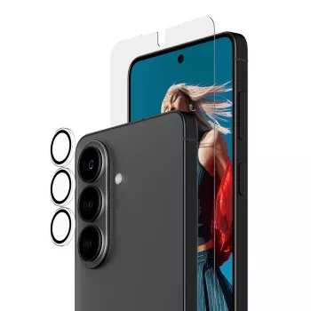 Conjunto de proteção de ecrã PanzerGlass para Samsung Galaxy S26 — Hoops 2-in-1 Ultra-Wide Fit, vidro temperado + camadas de PET/silicone
