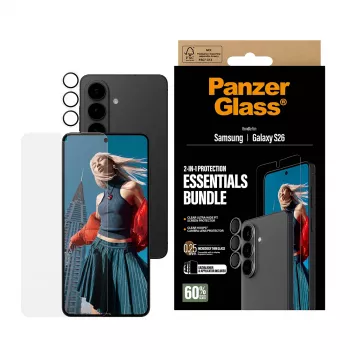 Conjunto de proteção de ecrã PanzerGlass para Samsung Galaxy S26 — Hoops 2-in-1 Ultra-Wide Fit, vidro temperado + camadas de PET/silicone