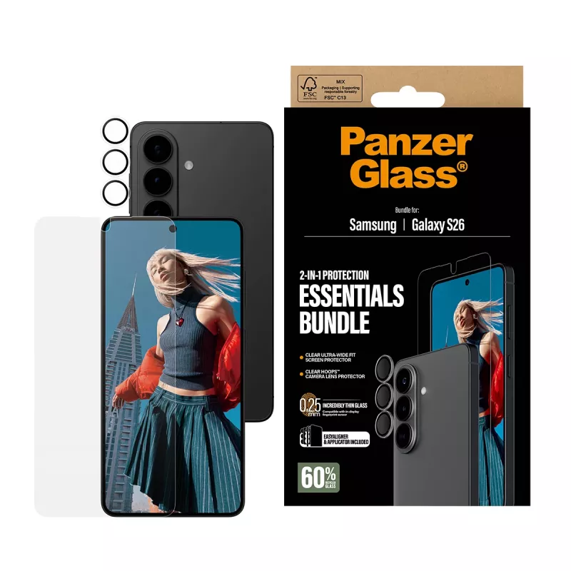 Conjunto de proteção de ecrã PanzerGlass para Samsung Galaxy S26 — Hoops 2-in-1 Ultra-Wide Fit, vidro temperado + camadas de PET/silicone