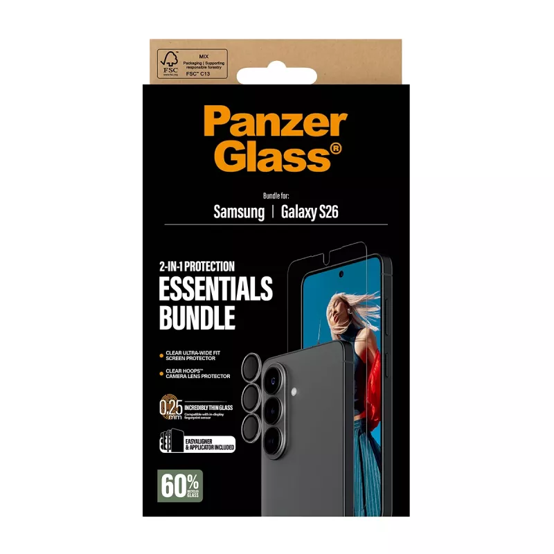 Conjunto de proteção de ecrã PanzerGlass para Samsung Galaxy S26 — Hoops 2-in-1 Ultra-Wide Fit, vidro temperado + camadas de PET/silicone