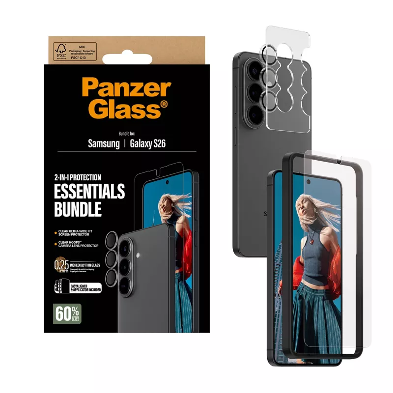 Conjunto de proteção de ecrã PanzerGlass para Samsung Galaxy S26 — Hoops 2-in-1 Ultra-Wide Fit, vidro temperado + camadas de PET/silicone