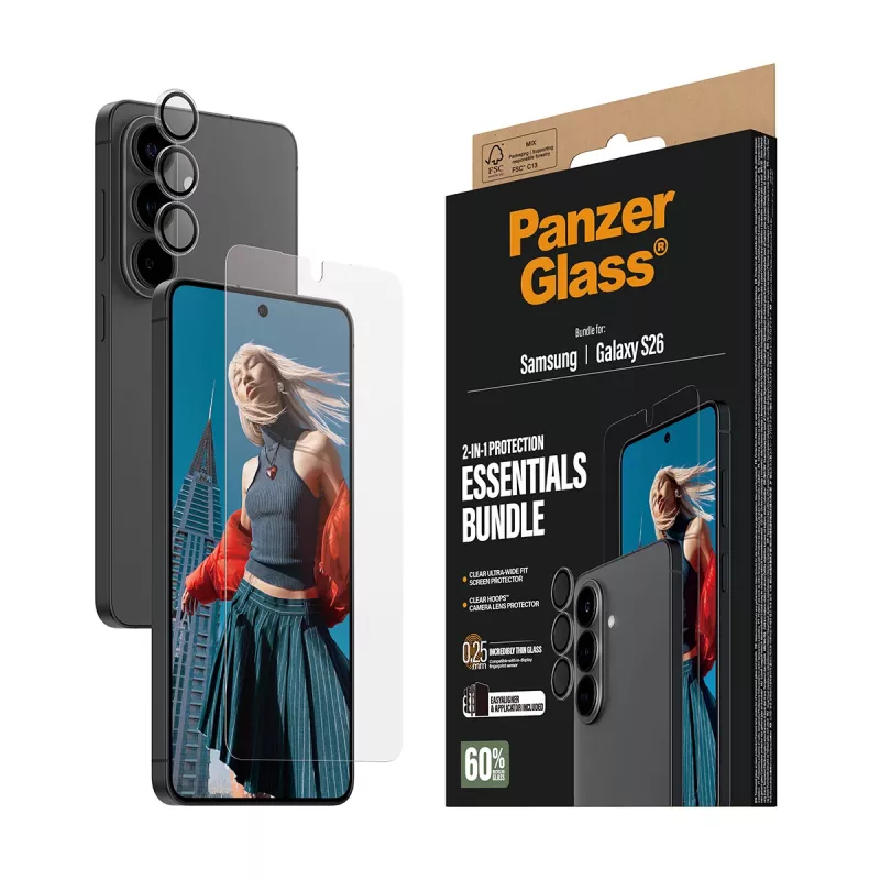 Conjunto de proteção de ecrã PanzerGlass para Samsung Galaxy S26 — Hoops 2-in-1 Ultra-Wide Fit, vidro temperado + camadas de PET/silicone