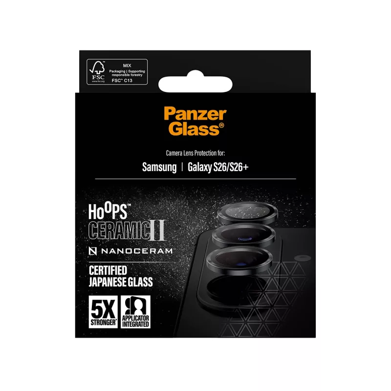 Proteção de objetiva da câmara PanzerGlass Hoops Ceramic II para Samsung Galaxy S26 / S26+, vidro temperado, silicone, transparente