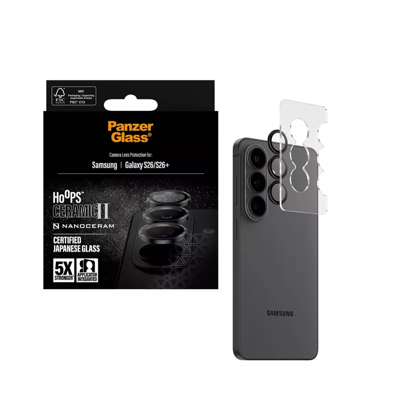 Proteção de objetiva da câmara PanzerGlass Hoops Ceramic II para Samsung Galaxy S26 / S26+, vidro temperado, silicone, transparente