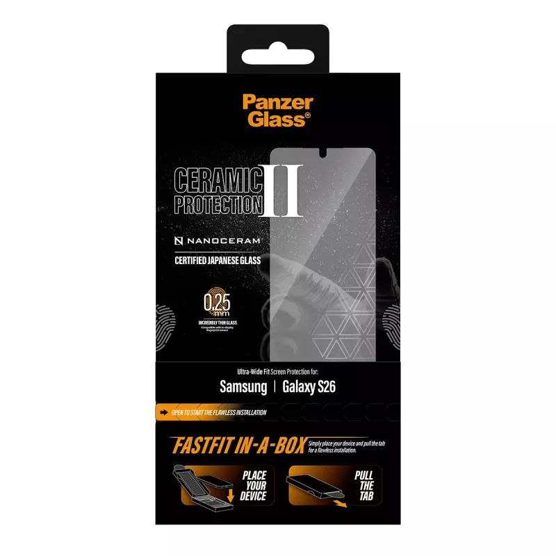 Proteção de ecrã PanzerGlass para Samsung Galaxy S26 — vidro temperado cerâmico, Ultra-Wide Fit, FASTFIT, transparente