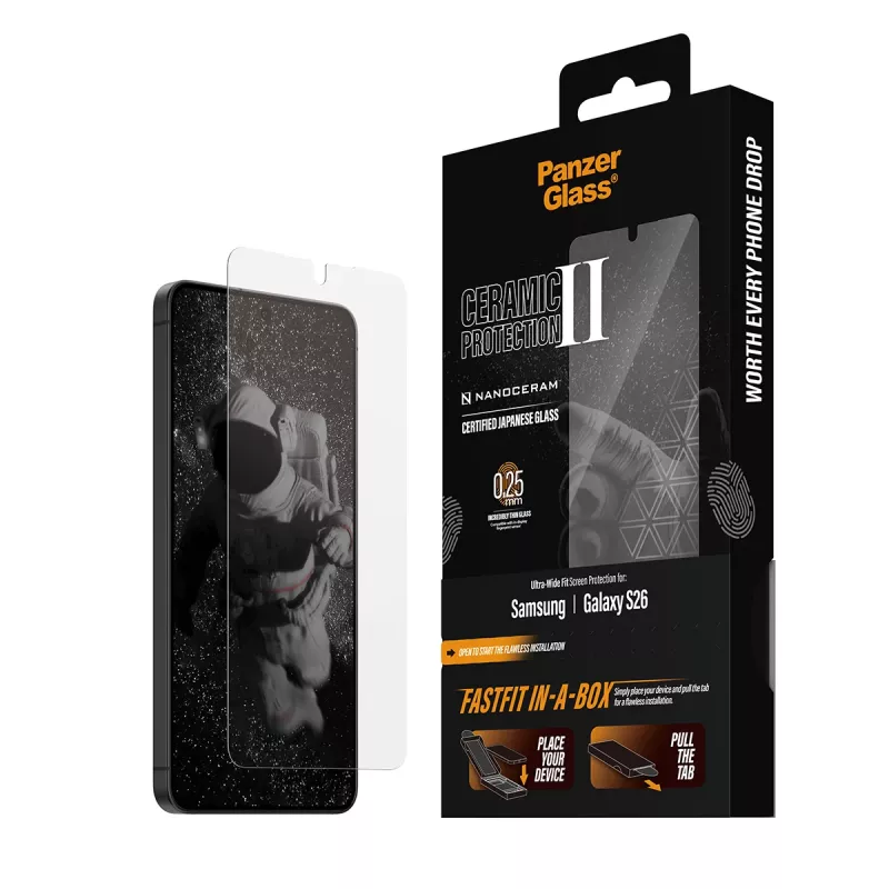 Proteção de ecrã PanzerGlass para Samsung Galaxy S26 — vidro temperado cerâmico, Ultra-Wide Fit, FASTFIT, transparente