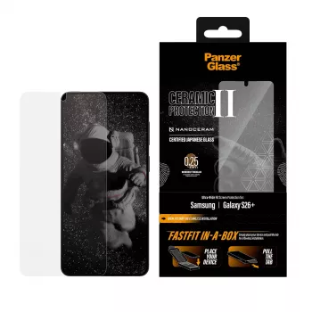 Proteção de ecrã PanzerGlass para Samsung Galaxy S26+ — Ceramic Ultra-Wide Fit, vidro temperado PET, FASTFIT