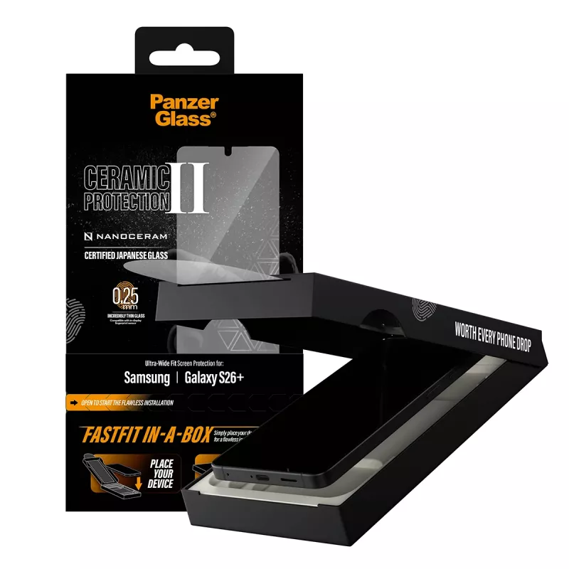 Proteção de ecrã PanzerGlass para Samsung Galaxy S26+ — Ceramic Ultra-Wide Fit, vidro temperado PET, FASTFIT