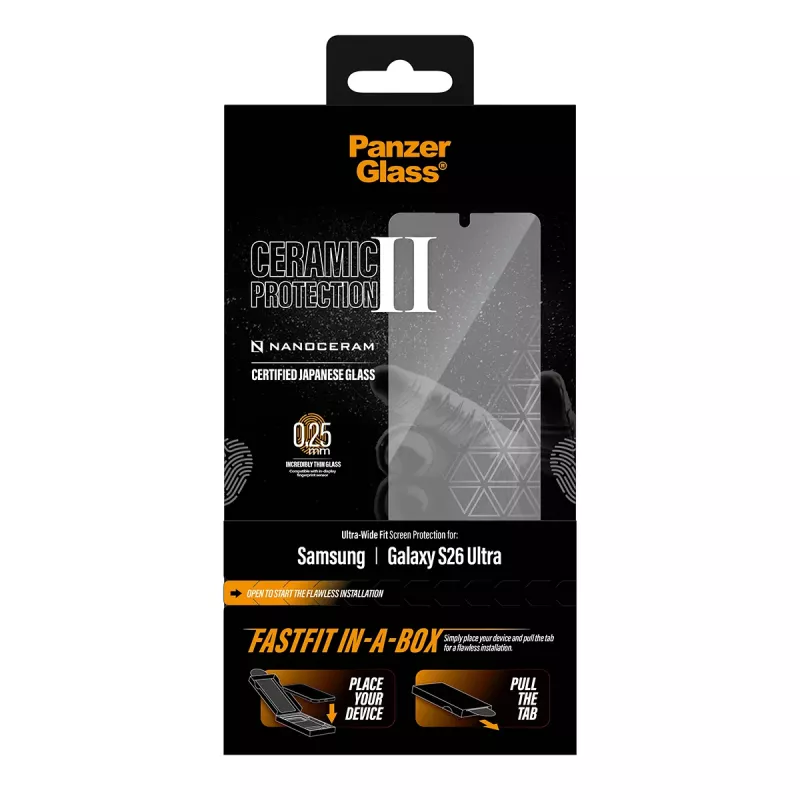 Proteção de ecrã PanzerGlass para Samsung Galaxy S26 Ultra — vidro temperado cerâmico, Ultra-Wide Fit, FASTFIT IN-A-BOX