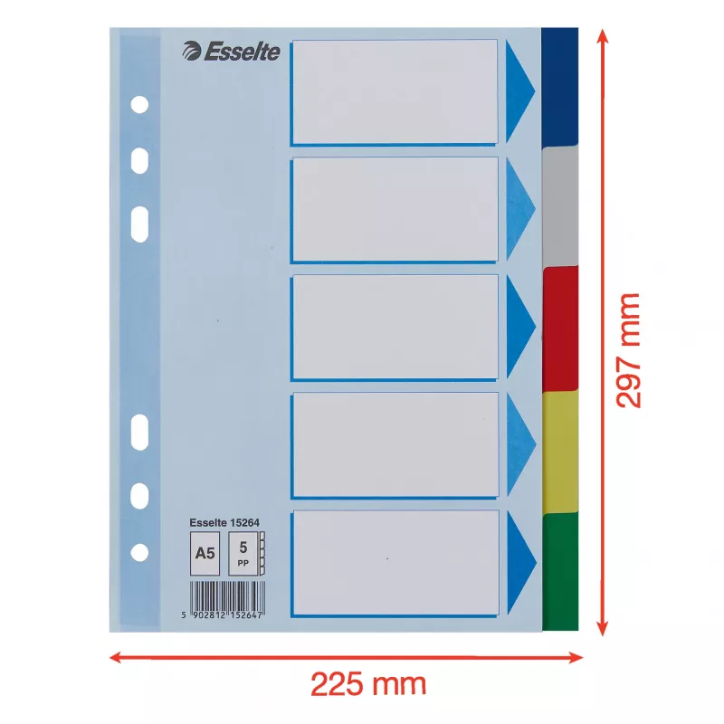 Separadores ESSELTE 5 partes A5 polipropileno colorido, para arquivar e indexar
