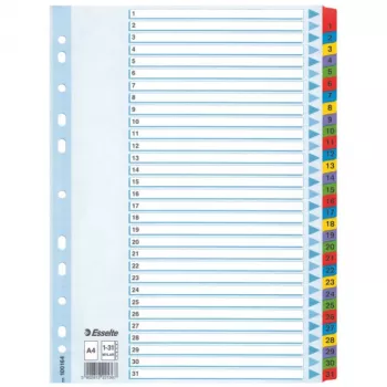 Índice Esselte 1-31 cartão abas Mylar A4, separador numérico, cartão, multicolor, A4, 225 mm, 297 mm