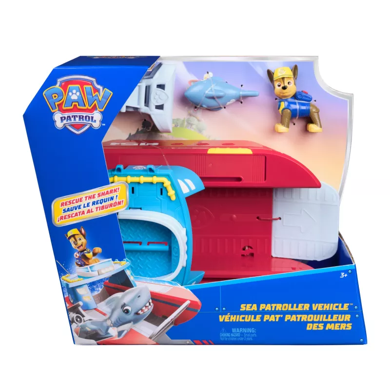 PAW Patrol Sea Patroller veículo com figura de Chase e tubarão, 2 modos de patrulha, brinquedo infantil para meninos e meninas a partir dos 3 anos