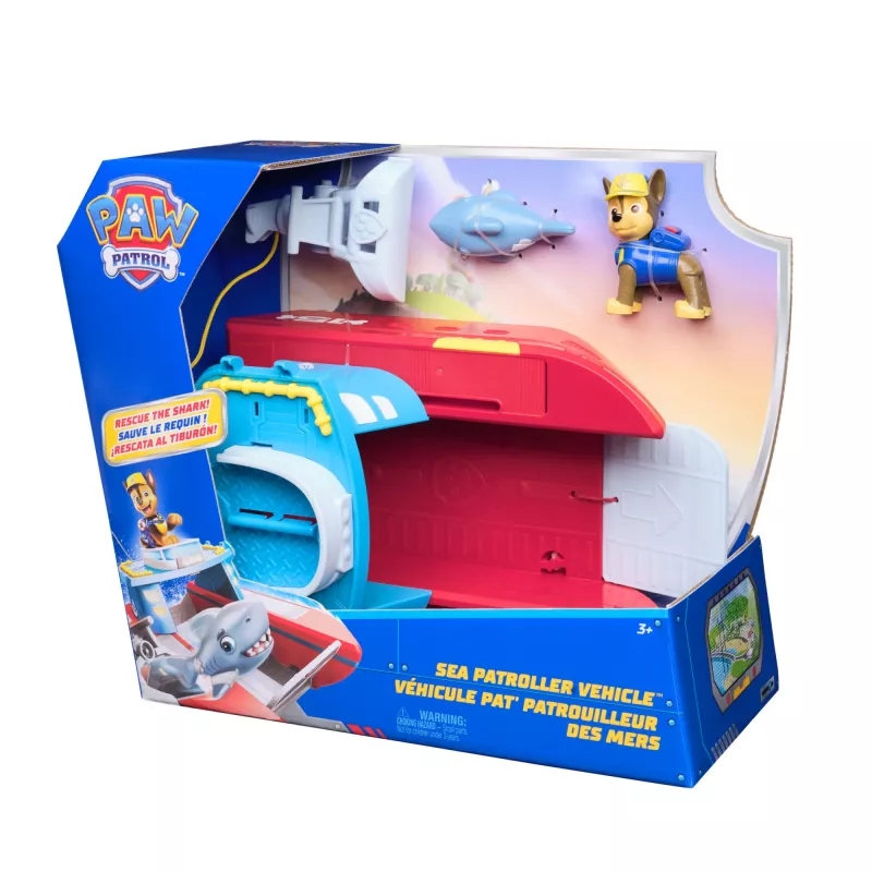 PAW Patrol Sea Patroller veículo com figura de Chase e tubarão, 2 modos de patrulha, brinquedo infantil para meninos e meninas a partir dos 3 anos