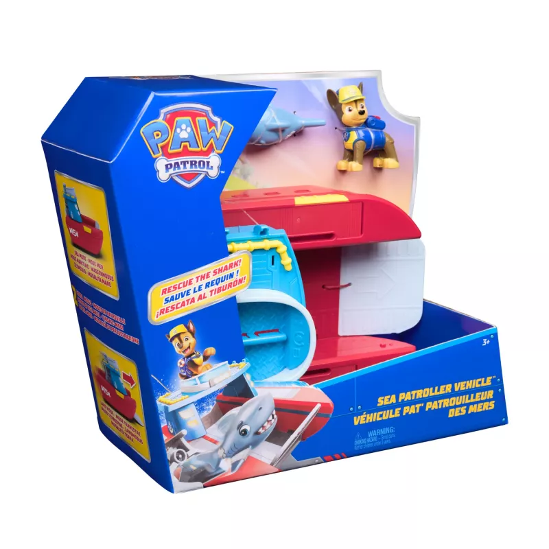 PAW Patrol Sea Patroller veículo com figura de Chase e tubarão, 2 modos de patrulha, brinquedo infantil para meninos e meninas a partir dos 3 anos