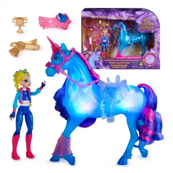 Unicorn Academy, Train & Glow Light-up River unicórnio com Isabel, ideia de presente de Páscoa, bonecas e brinquedo de unicórnio para meninas, inclui 3 acessórios de treino