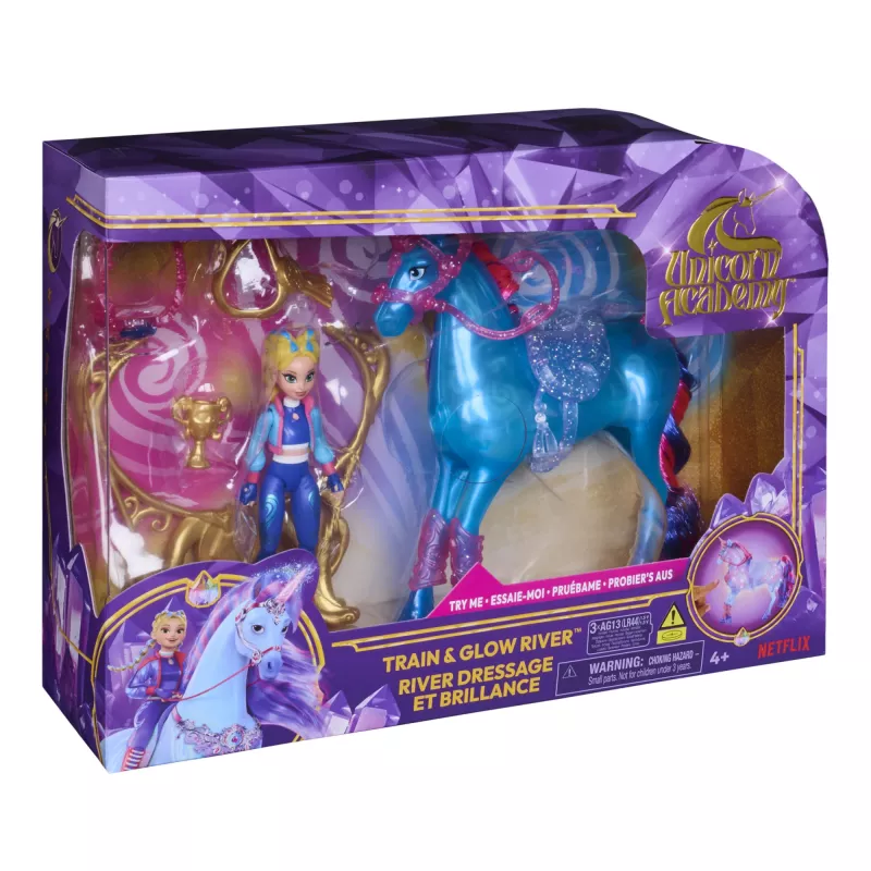 Unicorn Academy, Train & Glow Light-up River unicórnio com Isabel, ideia de presente de Páscoa, bonecas e brinquedo de unicórnio para meninas, inclui 3 acessórios de treino