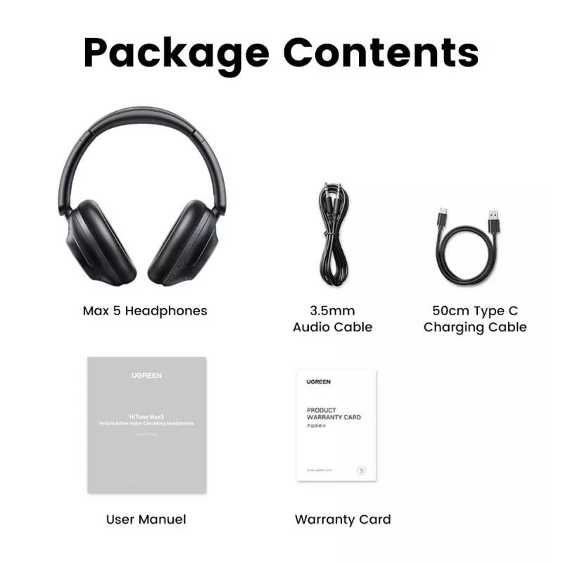 Ugreen HiTune Max5 Headset Com fios e sem fios Arco de cabeça Chamadas/Música Bluetooth Preto