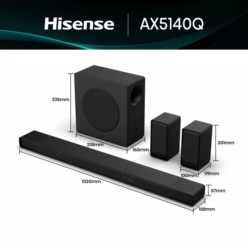 Barra de som Hisense AX5140Q 5.1.4 Dolby Atmos, 600 W RMS, subwoofer sem fios 280 W, preto