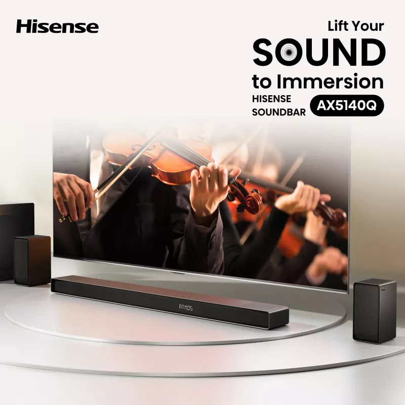 Barra de som Hisense AX5140Q 5.1.4 Dolby Atmos, 600 W RMS, subwoofer sem fios 280 W, preto