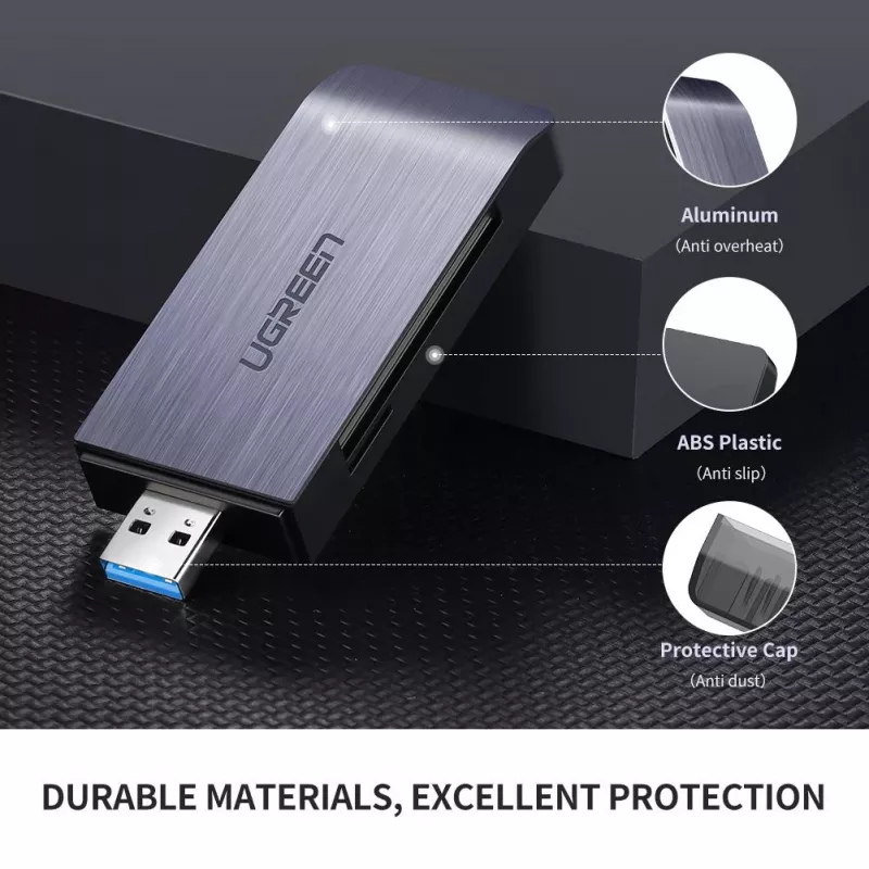 Leitor de cartões UGREEN 50541 USB 3.2 Gen 1 (3.1 Gen 1) — CF, SD, MicroSD, Memory Stick, Aço, 5000 Mbit/s