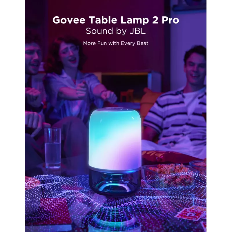 Candeeiro de mesa Govee H6020 Table Lamp 2 Pro Sound by JBL — RGBIC + branco quente, 600 lm, Wi-Fi e Bluetooth, 5200 mAh