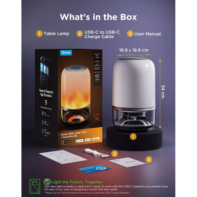 Candeeiro de mesa Govee H6020 Table Lamp 2 Pro Sound by JBL — RGBIC + branco quente, 600 lm, Wi-Fi e Bluetooth, 5200 mAh