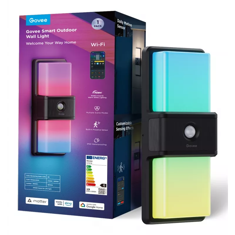 Aplique de parede exterior Govee H7078CD1 inteligente com mudança de cor RGB, controlo Wi-Fi/app